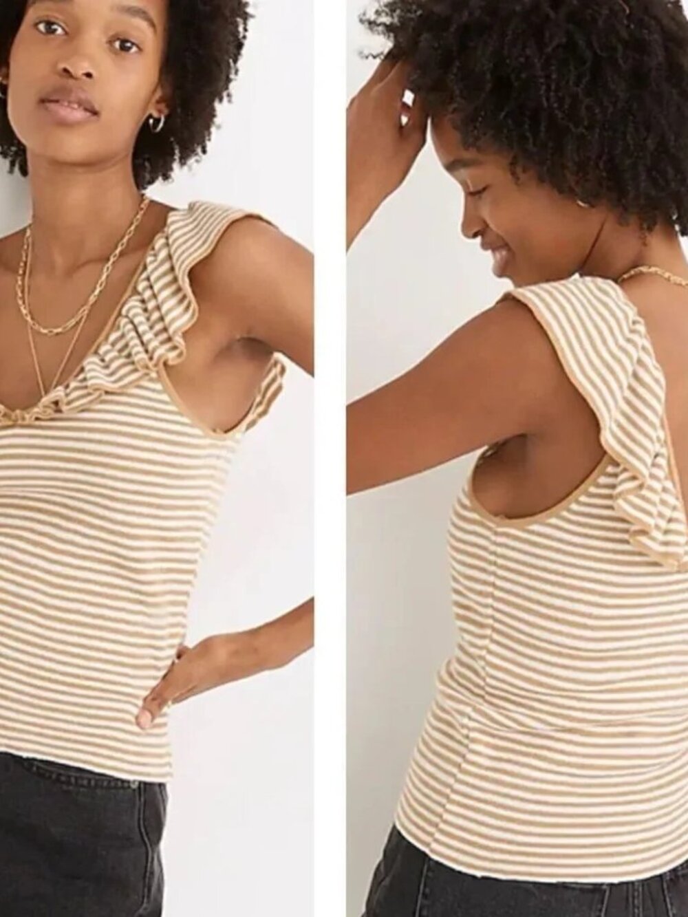 MADEWELL Belhaven Ruffle Sweater Tank Top in Heather Camel Stripe - Size XS